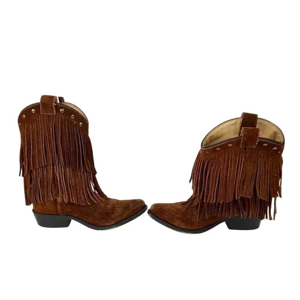 Smokey Mountain Boots Wisteria Cowgirl Boots Girls 1 Double Fringe Brown Suede